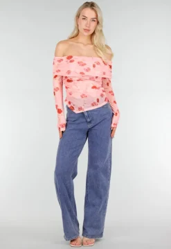 Roze Off Shoulder Mesh Top met Bloemenprint