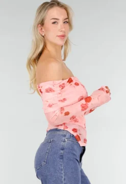 Roze Off Shoulder Mesh Top met Bloemenprint