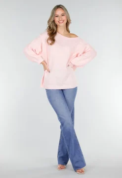 Roze One Shoulder Trui met Wijde Mouwen in Zachte Stof