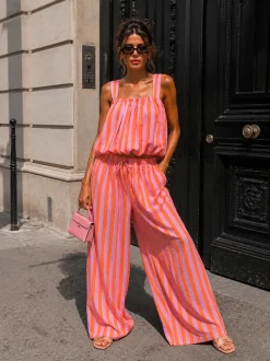 Roze Oranje Gestreepte Tweedelige Set met Wide Leg Broek