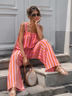 Roze Oranje Gestreepte Tweedelige Set met Wide Leg Broek