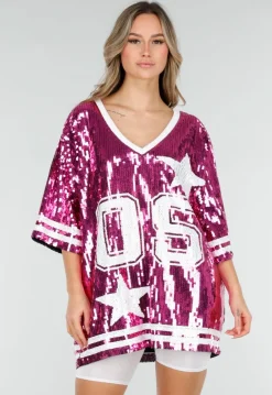 Roze Oversized Pailletten Jersey Top met V Hals