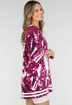 Roze Oversized Pailletten Jersey Top met V Hals
