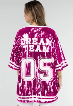 Roze Oversized Pailletten Jersey Top met V Hals