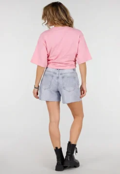 Roze Oversized T-Shirt met Halflange Mouwen en Geplooid Detail