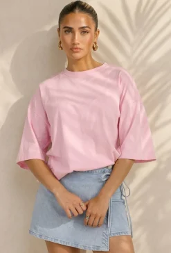 Roze Oversized T-shirt met Korte Mouwen en Backprint