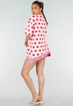 Roze Oversized T-Shirt met Rode Stippen en Kanten Zoom