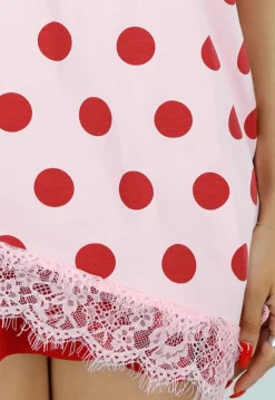 Roze Oversized T-Shirt met Rode Stippen en Kanten Zoom