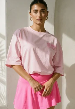 Roze Oversized T-shirt met Tekstprint en Korte Mouwen