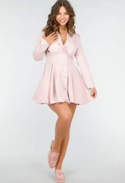 Roze Pinstripe Blazerjurk met Lange Mouwen, Kraag en Knoopsluiting