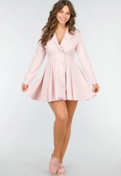 Roze Pinstripe Blazerjurk met Lange Mouwen, Kraag en Knoopsluiting