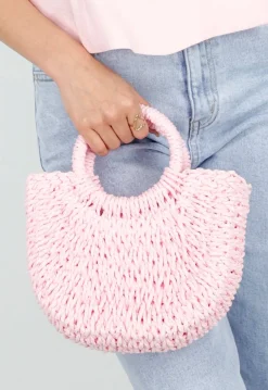 Roze Raffia Handtas met Rond Handvat en Schouderband