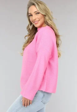 Roze Rib Gebreide Trui met Hoge Hals