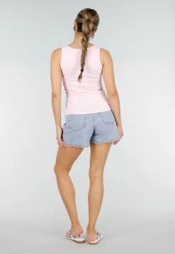 Roze Rib Tank Top met Glitters en Aansluitende Pasvorm