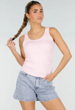 Roze Rib Tank Top met Glitters en Aansluitende Pasvorm