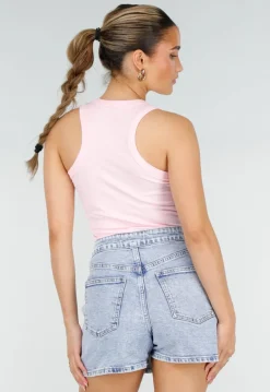 Roze Rib Tanktop met Racerback en Gele Tekst