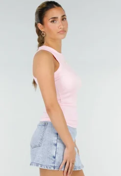 Roze Rib Tanktop met Racerback en Gele Tekst