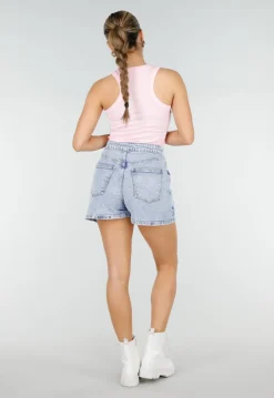 Roze Rib Tanktop met Racerback en Gele Tekst