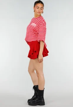 Roze Rode Gestreepte Oversized T-shirt met Tekstprint