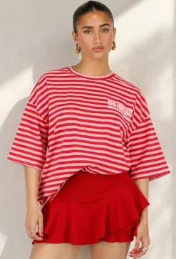 Roze Rode Gestreepte Oversized T-shirt met Tekstprint