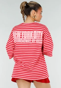 Roze Rode Gestreepte Oversized T-shirt met Tekstprint