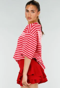 Roze Rode Gestreepte Oversized T-shirt met Tekstprint