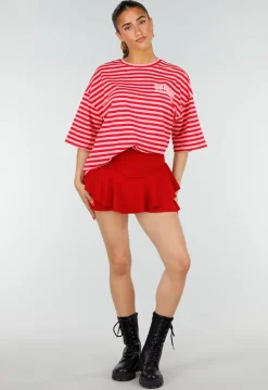 Roze Rode Gestreepte Oversized T-shirt met Tekstprint
