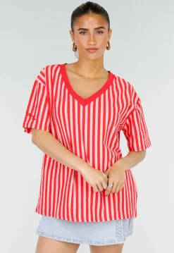 Roze Rode Gestreepte Oversized T-shirt met V-hals