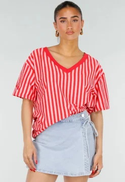 Roze Rode Gestreepte Oversized T-shirt met V-hals
