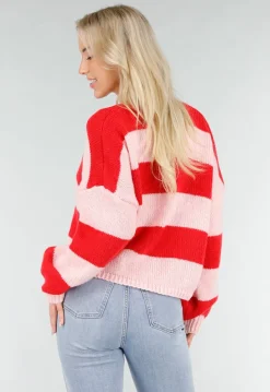 Roze Rood Gestreept Vest met Striksluiting en Losvallende Pasvorm