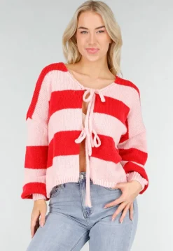Roze Rood Gestreept Vest met Striksluiting en Losvallende Pasvorm