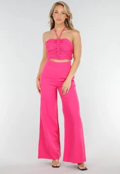 Roze Set met Geplooide Halter Crop Top en Wijde High Waist Broek