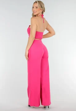 Roze Set met Geplooide Halter Crop Top en Wijde High Waist Broek