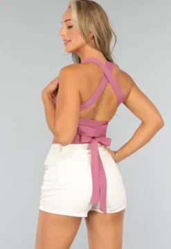 Roze Sporttop met Vierkante Hals en Strikdetail