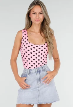 Roze Stretch Body met Zwarte Polkadots en Vierkante Hals