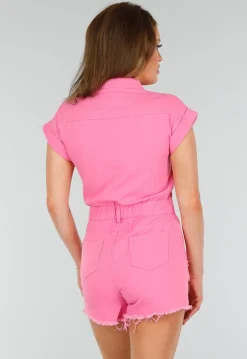 Roze Stretch Distressed Denim Playsuit met Knoopsluiting en Riemlussen