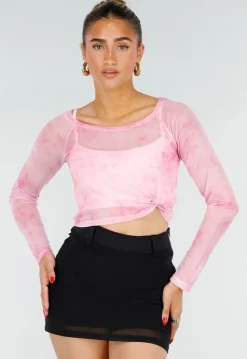 Roze Stretch Mesh Crop Top met Losse Top en Pads