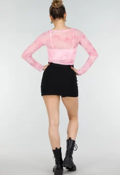 Roze Stretch Mesh Crop Top met Losse Top en Pads