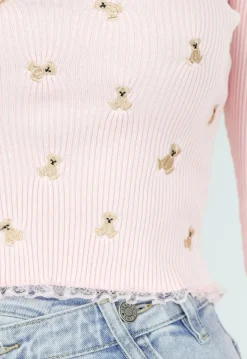 Roze Stretch Rib Top met Teddybeertjes en Vierkante Halslijn
