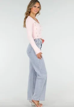 Roze Stretch Rib Top met Teddybeertjes en Vierkante Halslijn