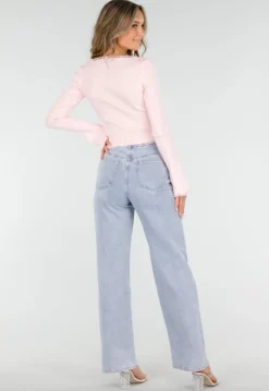 Roze Stretch Rib Top met Teddybeertjes en Vierkante Halslijn