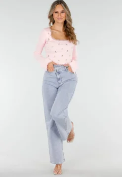 Roze Stretch Rib Top met Teddybeertjes en Vierkante Halslijn