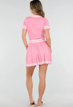 Roze Stretch Set met Polo Top en Plissé Rok