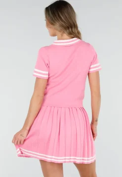 Roze Stretch Set met Polo Top en Plissé Rok