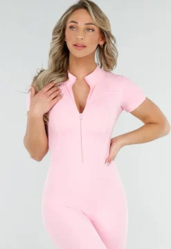 Roze Stretch Sport Jumpsuit met Ritssluiting en Korte Mouwen