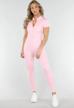 Roze Stretch Sport Jumpsuit met Ritssluiting en Korte Mouwen