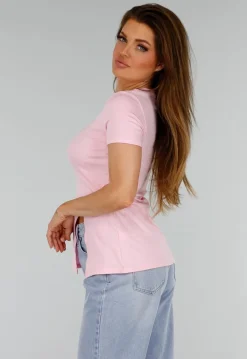 Roze Stretch Top met Split en Ronde Hals