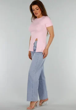 Roze Stretch Top met Split en Ronde Hals