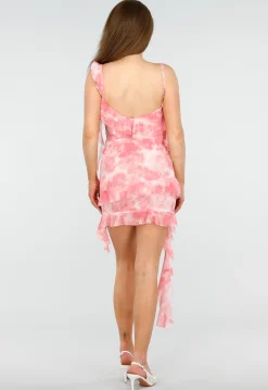 Roze Tie-Dye Rokje met Ruffles en Asymmetrische Onderkant