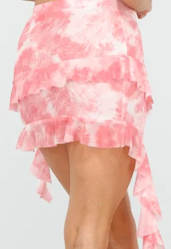 Roze Tie-Dye Rokje met Ruffles en Asymmetrische Onderkant